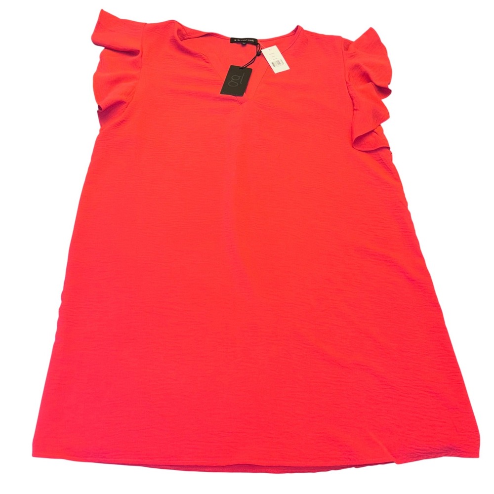 Gibsonlook | XL | Coral | Flutter Ruffle Sleeve | Shift Mini Dress | NEW